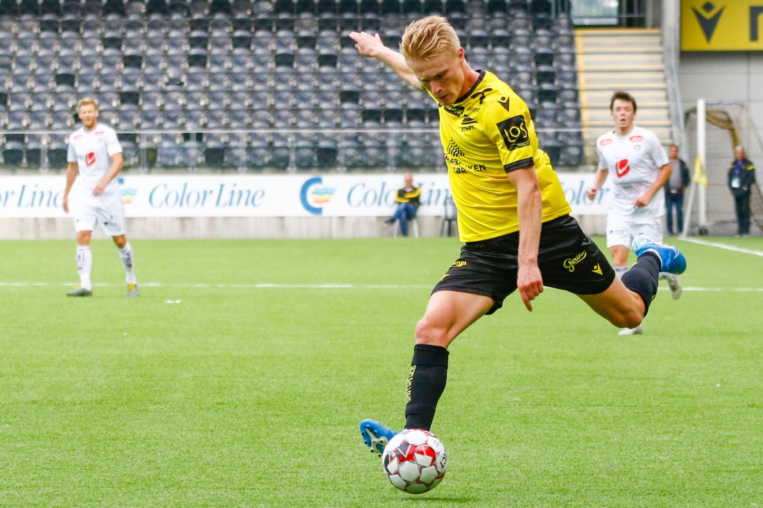 Kristoffer har 100 kamper for IK Start sitt A-lag allerede og flere skal det bli! Her fra en kamp i 2019 mot Sogndal i OBOS-ligaen. Foto: Tor Erik Schrøder / NTB scanpix