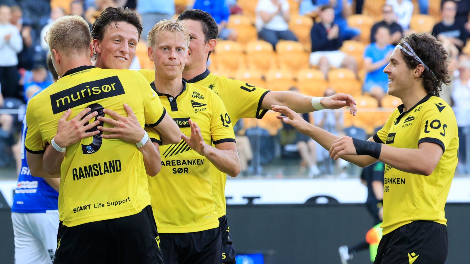 Martin Ramsland, Sander Sjøkvist, Eirik Schulze, Eman Markovic feirer scoring mot Stjørdals-Blink. Foto: Tor Erik Schrøder / NTB